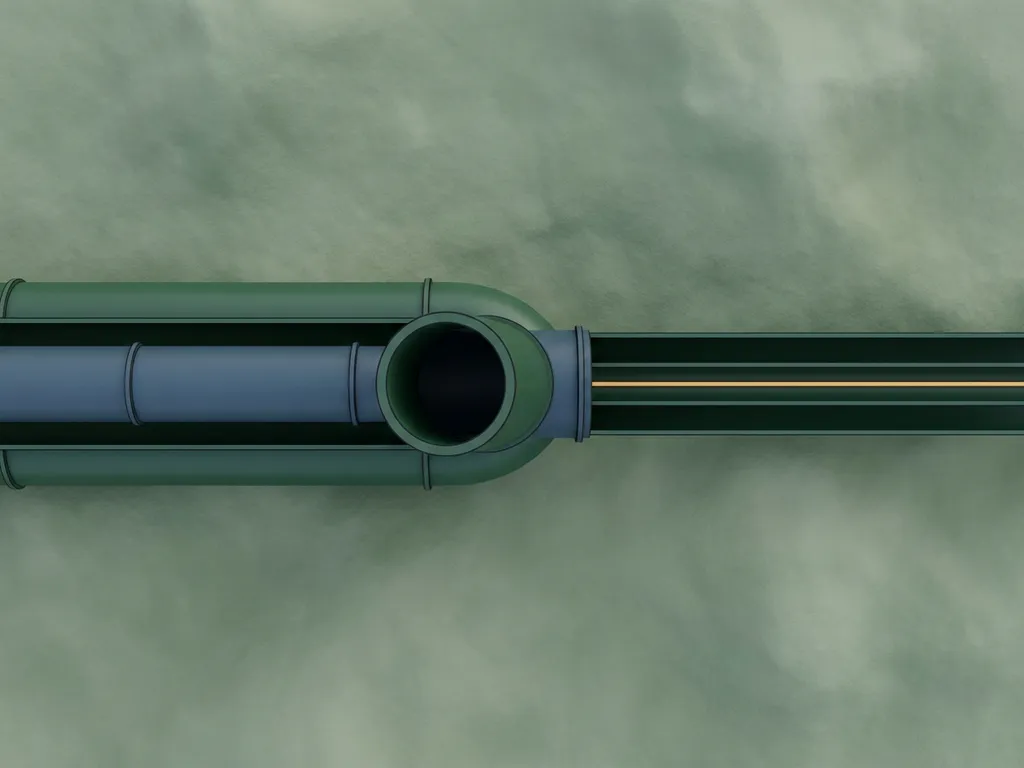 Industrial pipeline splitting into two parallel paths over aerial sage-green landscape, symbolizing diverging regulatory frameworks in slate blue and amber tones.