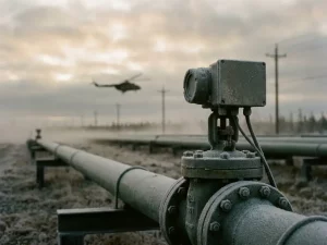 Ground sensor mounted on a frost-covered pipeline valve at dawn, with a helicopter patrolling the corridor in misty morning light.