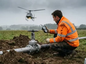 Technician in high-visibility vest crouching beside a repaired underground pipeline valve, checking pressure gauge at a rural field site.