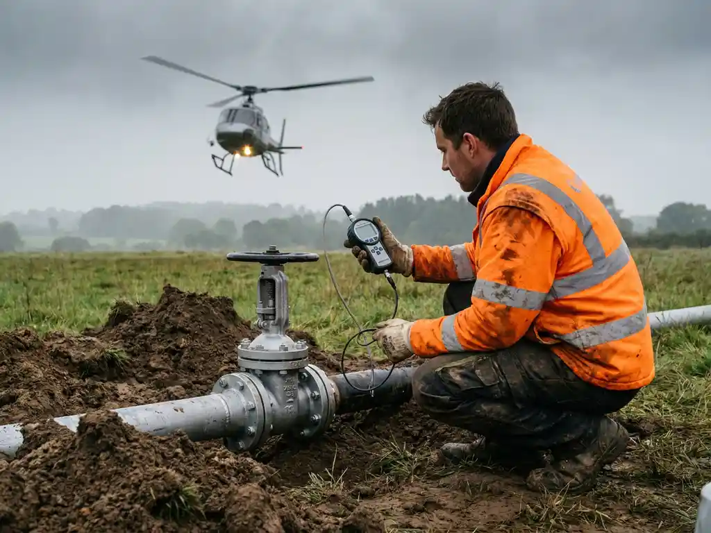 Technician in high-visibility vest crouching beside a repaired underground pipeline valve, checking pressure gauge at a rural field site.