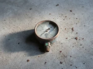 Cracked industrial pressure gauge with miscalibrated needle on rust-dusted concrete, photographed as a flat lay with side lighting.