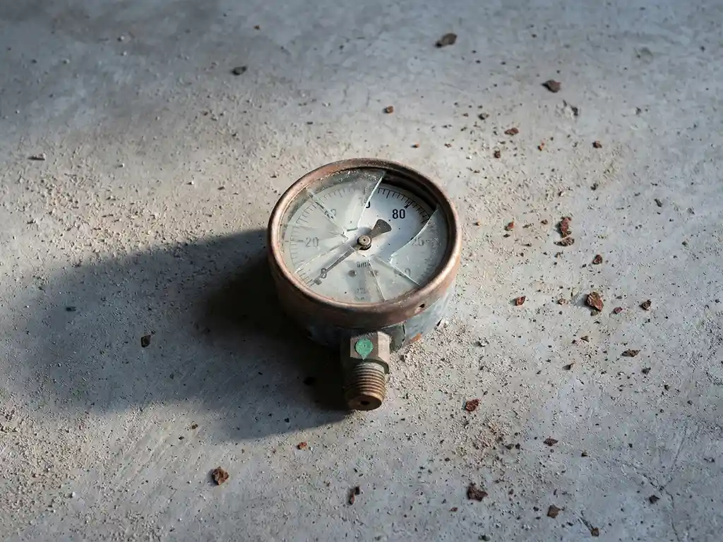 Cracked industrial pressure gauge with miscalibrated needle on rust-dusted concrete, photographed as a flat lay with side lighting.