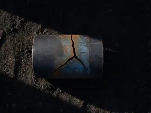 Fractured steel pipe cross-section on dark compacted earth, a clean crack splitting the metal, lit dramatically to highlight rust and charcoal tones.
