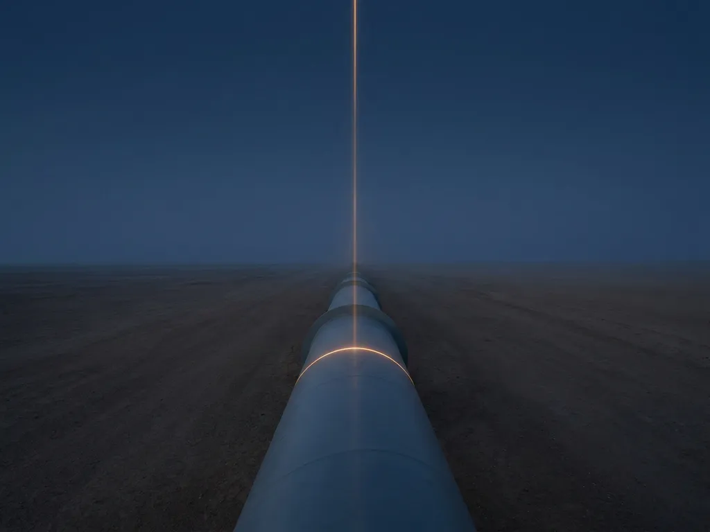 Steel pipeline stretching to a vanishing point across a flat landscape, scanned by an amber light beam under a deep midnight blue sky.