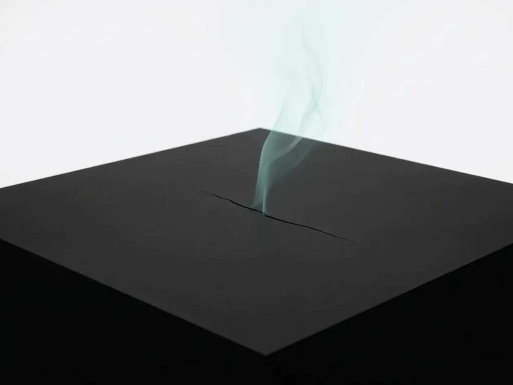 Pale teal gas rising from a hairline crack in a matte black geometric surface against clean negative space.
