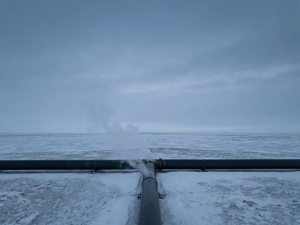 Pale gas wisps rising from an underground pipeline cross-section into arctic air, charcoal and steel blue minimalist landscape.