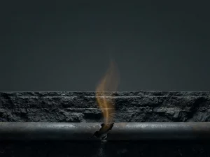 Cracked underground steel pipe leaking gas upward through dark soil layers in a cutaway cross-section view.
